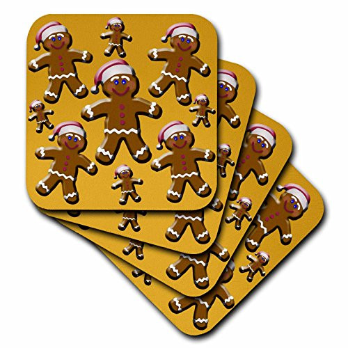 3dRose CST_36112_1 Gingerbread Men with Santa Claus Hat on a Yellow Background-Soft Coasters, Set of 4