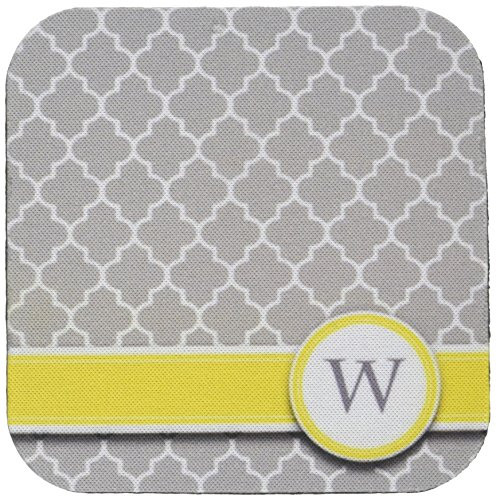 3dRose CST_154589_2 Your Personal Name Initial Letter W Monogrammed Grey Quatrefoil Pattern Personalized Yellow Gray Soft Coasters, Set of 8