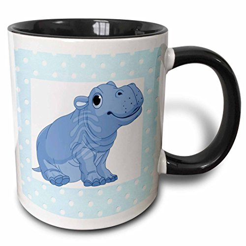3dRose mug_37289_4"Cute Baby Blue Hippo On Blue Dotted Back" Two Tone Black Mug, 11 oz, Multicolor