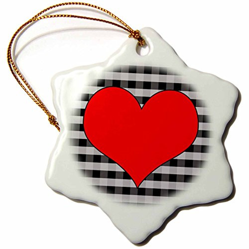 3dRose orn_25352_1 Red Heart on Black and White Check Porcelain Snowflake Ornament, 3-Inch