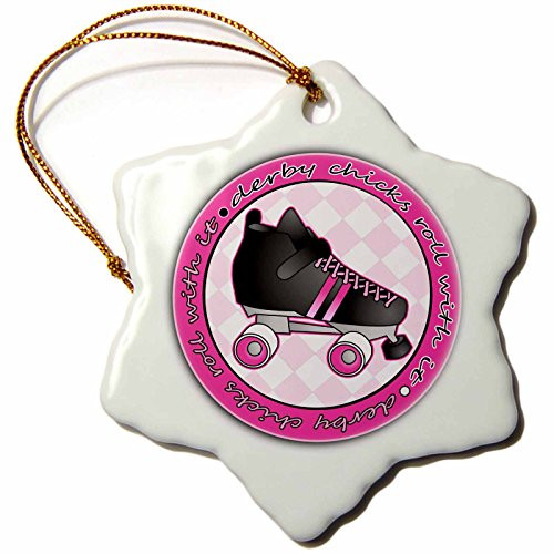 3dRose orn_28507_1 Derby Chicks Roll with it Pink and Black with Black Roller Skate Porcelain Snowflake Ornament, 3-Inch