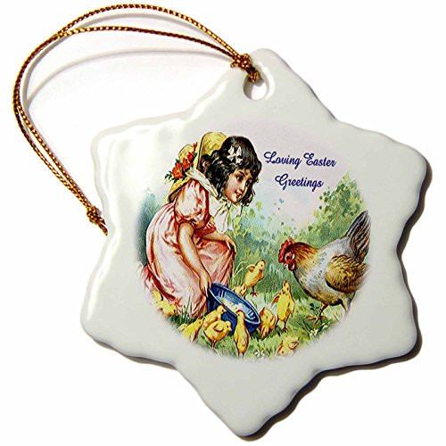 3dRose ORN_42962_1 Feeding Baby Chicks and Rooster Snowflake Porcelain Ornament, 3-Inch