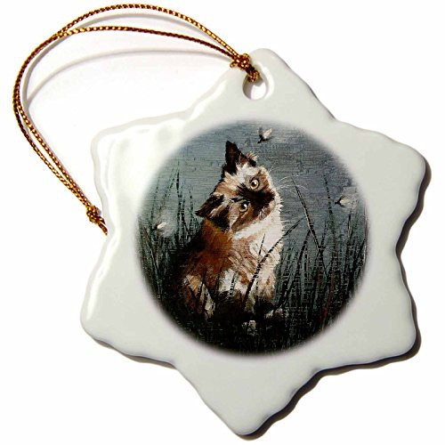 3dRose orn_44353_1 Kitten in Tall Grass Tilting its Head Staring at Lightning Bugs-Snowflake Ornament, Porcelain, 3-Inch