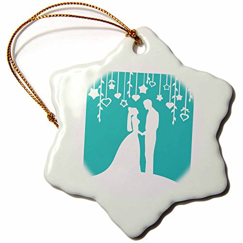 3dRose orn_120285_1 Elegant Bride and Groom Silhouettes on Turquoise Teal Blue for Weddings Anniversaries Snowflake Ornament, Porcelain, 3-Inch