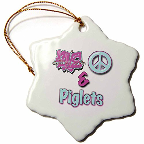 3dRose orn_122899_1 Love Peace and Piglets in Blue and Purple Snowflake Ornament Porcelain, 3-Inch