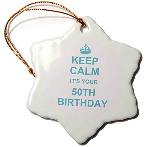 3dRose orn_157668_1 Keep Calm its Your 50th Birthday Blue Snowflake Porcelain Ornament, 3-Inch