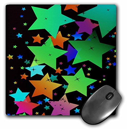 3dRose LLC 8 x 8 x 0.25 Inches Mouse Pad, Bright Green, Orange, Blue, and Pink Falling Stars in Various Sizes Against A Black Background (mp_78643_1)