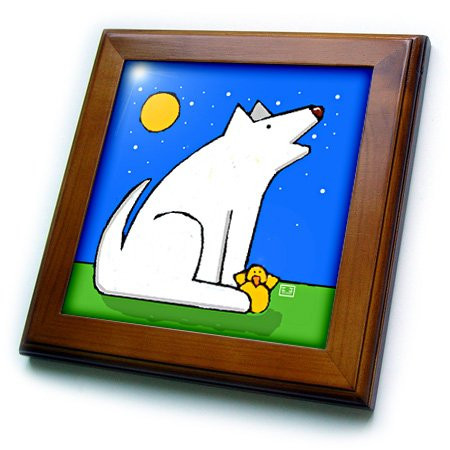 3dRose ft_34008_1 Cute Dog and Flowers, Purple Flowers, Purple, Folk Art Painting Framed Tile, 8 by 8-Inch