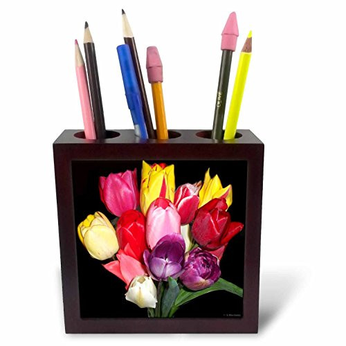 3dRose LLC Multi-Colored Tulip Bouquet 5-Inch Tile Pen Holder