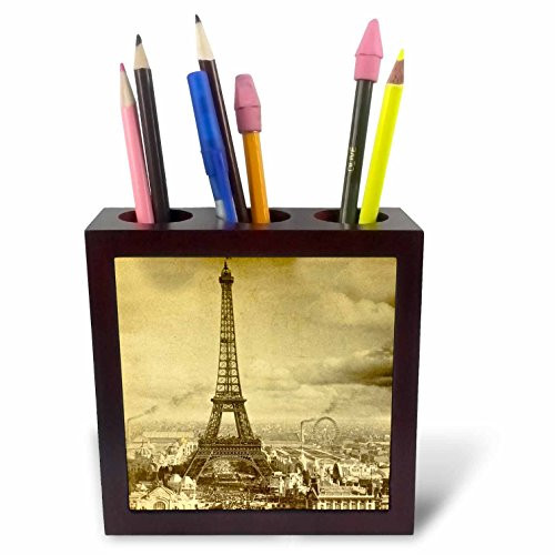 3dRose ph_6795_1 Eiffel Tower Paris France 1889-Sepia Tone-Tile Pen Holder, 5-Inch