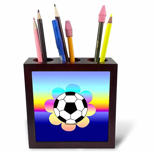 3dRose ph_12416_1 Soccer Ball Flower on Rainbow Tile Pen Holder, 5-Inch