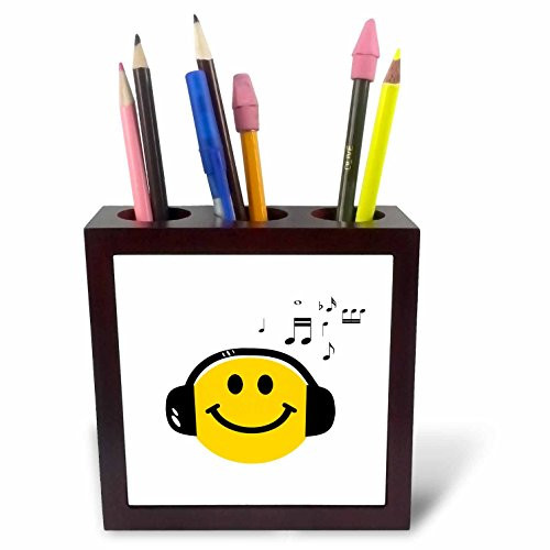 3dRose ph_112819_1 Music Loving Yellow Smiley Face with Black Headphones and Musical Notes-Happy Dj-Deejay-Tile Pen Holder, 5-Inch