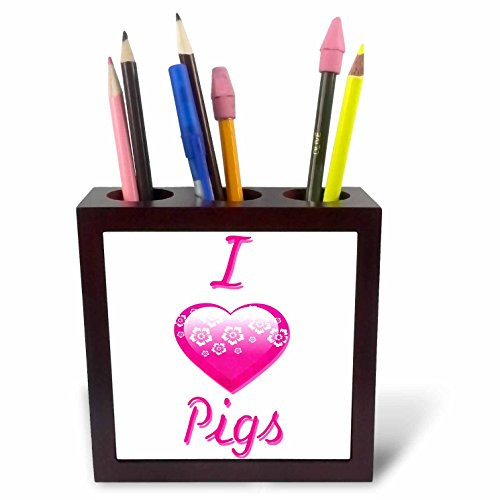 3dRose ph_121720_1 Pretty Pink Flowery I Love Pigs Tile Pen Holder, 5-Inch