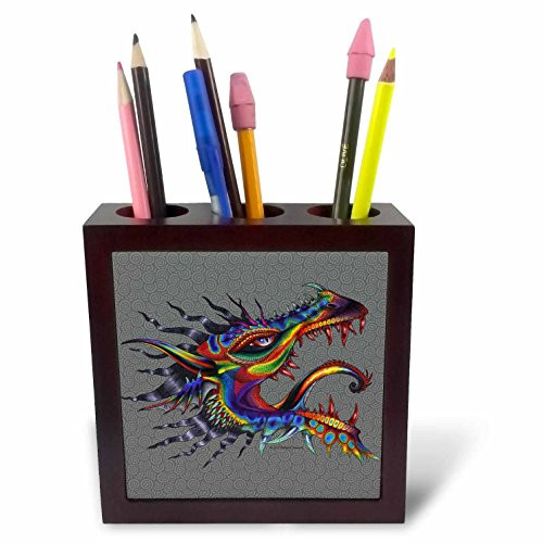 3dRose ph_156828_1 Dragon of Rainbows Colorful Fantasy Art Tile Pen Holder, 5-Inch