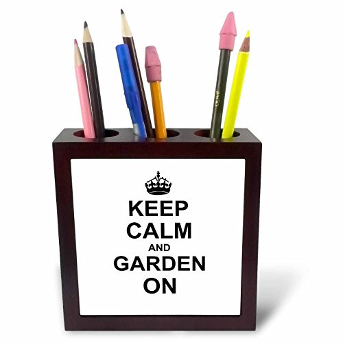 3dRose ph_157726_1 Keep Calm and Garden on Carry on Gardening Gardener Gifts Black Fun Funny Humor Humorous Tile Pen Holder, 5-Inch
