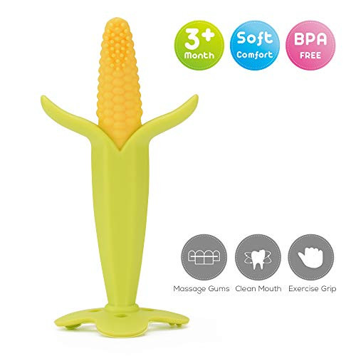 Baby Teething Toys, Baby Toothbrush ,Silicone Infant Training, Chewable Silicone Teethers with Standing Base BPA-Free FDA Approved (Corn 2 Pack)
