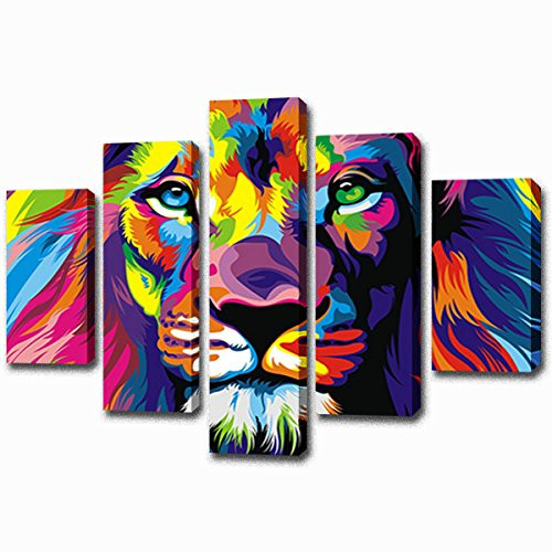 Framed 5 Piece Original Animal Oil painting pictures Art print on the canvas, wall decor, Home wall art picture,color, Lion king FCa15 50 inch x30 inch (50"W x 28"H, Framed)