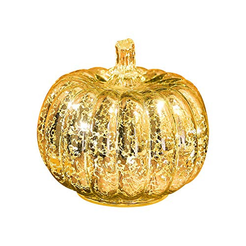 Romingo Mercury Glass Pumpkin Battery Operated LED Light with Timer and Home Decor, Gold, 5 inches