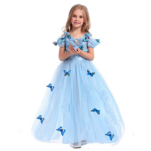 Princess Cinderella Dress Girls Party Carnival Cosplay Fancy Costume Size (130) 5-6 Years Blue