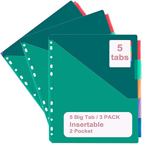 Binder Dividers with Pockets 5-Tab Set Pack of 3 Sets Multicolor Binder Dividers with Tabs and Two Pockets