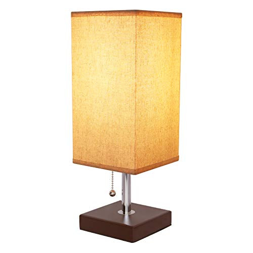 Table Lamp with Pull Chain, Seealle Bedside Modern Nightstand Desk Lamp with Wooden Base, Fabric Lampshade, Ambient Light for Bedroom, Living Room