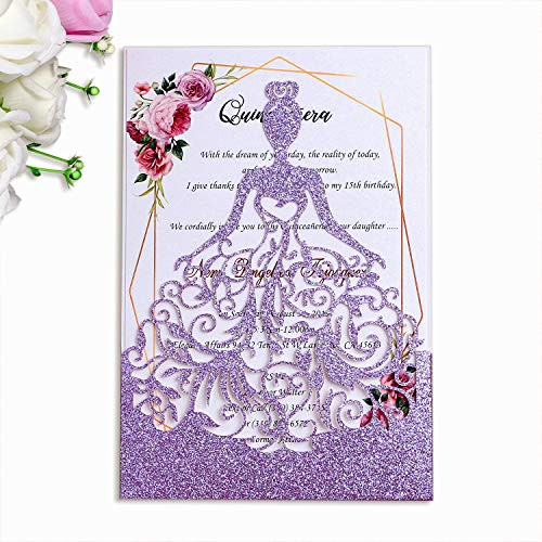 PONATIA 25PCS Lacer Cut Wedding Invitations Card Hollow Bride Invitations Cards for Wedding Bridal Invitation Engagement Invitations Cards (Purple Glitter)