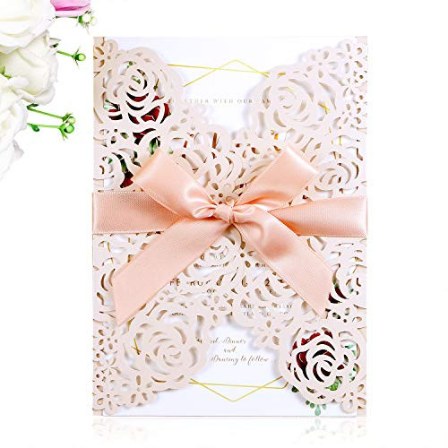 PONATIA 25PCS/Lot 250GSM 5.12 x 7.1'' Wedding Invitations Cards Laser Cut Hollow Rose With Ribbons For Wedding Bridal Shower Engagement Birthday Graduation Invite (Blush Pink)