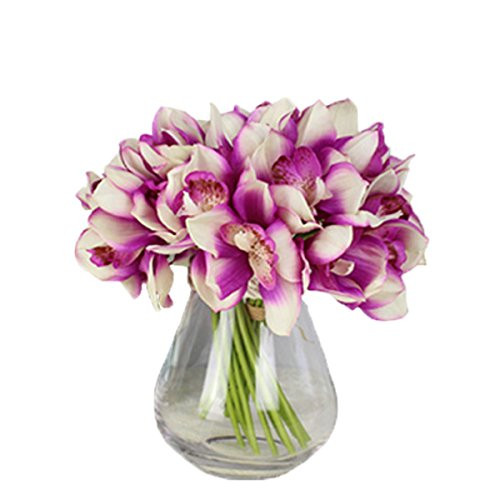 12 PCS High Quaulity Latex Real Touch Cymbidium Orchid Artificial Flower Bouquet for Wedding Holiday Bridal Bouquet Home Party Decor bridesmaid (Purple)