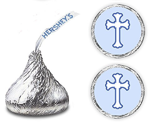 216 Blue Cross Kisses Stickers Labels - Cross for Baptism, Christening, Communion or Baby Shower, Kisses Labels Favors (Blue)