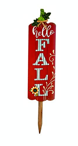 Worth Imports 35" Hello Fall Wood/Tin Stake Sign, Green, Cream, White, Silver, Orange, Black, Yellow