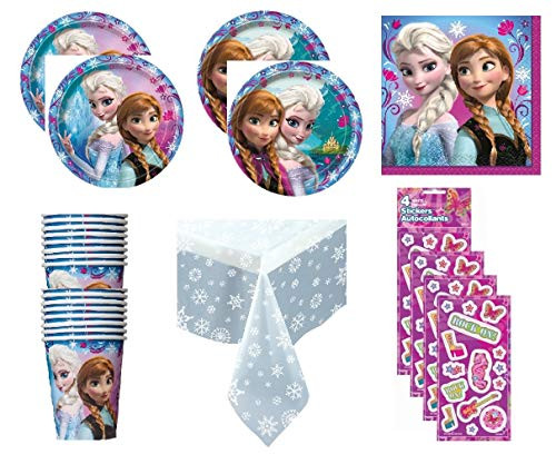 Disney Frozen Princess Birthday Party Supply Bundle for 16 includes Plates, Cups, Napkins, Snowflake Table Cover, Stickers