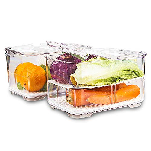 elabo Food Storage Containers Fridge Produce Saver- 2 Piece Set Veggie Fruit Storage Containers - Stackable Refrigerator Organizer Keeper with Removable Drain Tray for Produce, Fruits, Vegetables