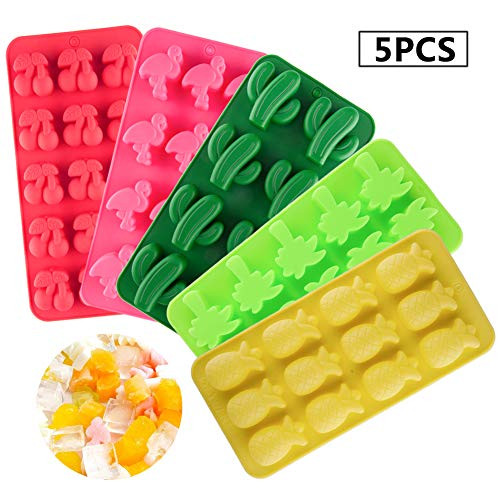 Set of 5 Summer Holiday Candy Making Molds Silicone Chocolate Including Cactus Flamingo Cherry Coconut Tree and Pineapple