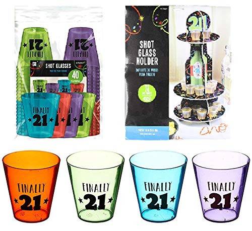 Finally 21 Birthday Shot Glass (40 Glasses) with Birthday Shot Glasses Holder | Celebrate Turning Twenty One, 21st Birthday Novelty Gift, Legal Drinking Age Party Favors