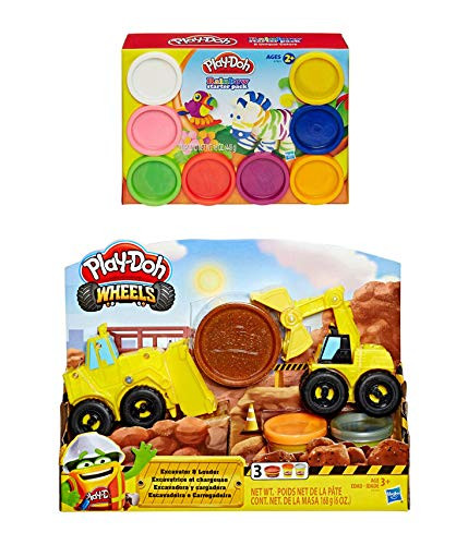 PD Play Doh Wheels Excavator and Loader Toy Construction Trucks Play Set + Play Doh Rainbow Starter Pack
