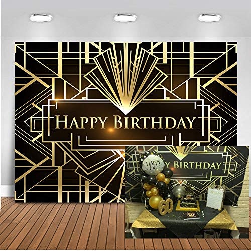 Mocsicka Happy Birthday Backdrop The Great Gatsby Theme Irregular Black and Gold Stripe Photography Background 7x5ft Vinyl 1920s Photo Props Studio Booth Background