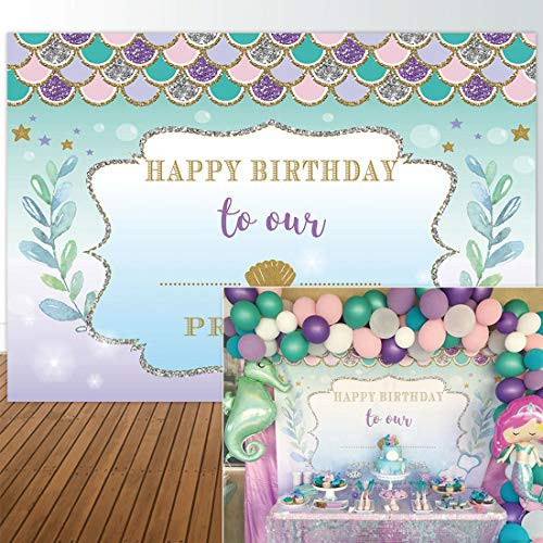 Allenjoy 7x5ft Under The Sea Little Mermaid Backdrop Purple Pink Mermaid Scales Glare Glitter Ocean Nautical Birthday Party Banner Background