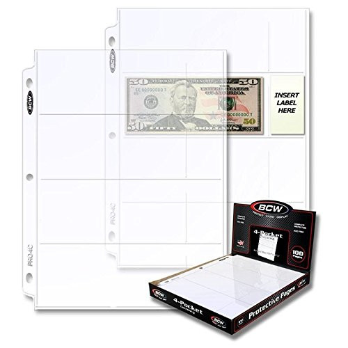 BCW Pro 4-Pocket Currency Pages | Pocket Size 2-3/4" x 6-3/4" | 100-Pages Total