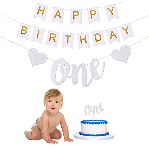 Hurriman 1st Birthday One Highchair Banner and One Cake Topper for High Chair Baby First Birthday Party Decorations (Glitter Silver) Hurriman 1st Birthday One Highchair Banner and One Cake Topper for High Chair Baby First Birthday Party Decorations (Glitter Silver)