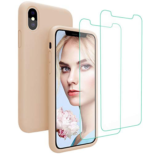 Pnuotuos iPhone XR Case, Liquid Silicone Phone Case with 2-Pcs Free Tempered Glass Screen Protector Gel Rubber Shockproof Protective Case for iPhone XR [6.1 inch 2018 Released] - Pink