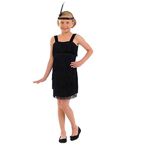 Girls 20S Flapper Girl Dress Black Fringed Decades Costume - Large