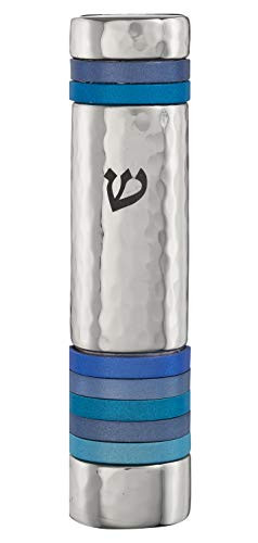 Stainless Steel Hammered with Ring Design Mezuzah Case (Blue, 10cm-4inch)