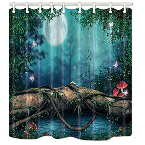 DYNH Forest Shower Curtains, Fairytale Forest, Red Mushrooms, Butterflies and Full Moon Bath Curtain, Polyester Fabric Bathroom Curtain with 12 Hooks, 69X70 Inches