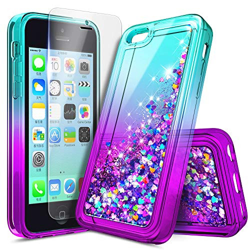 iPhone 4S / iPhone 4 Case with Screen Protector for Girls Kids Women, NageBee Glitter Liquid Quicksand Waterfall Floating Sparkle Shiny Bling Diamond Cute Case for iPhone 4/4S -Aqua/Purple