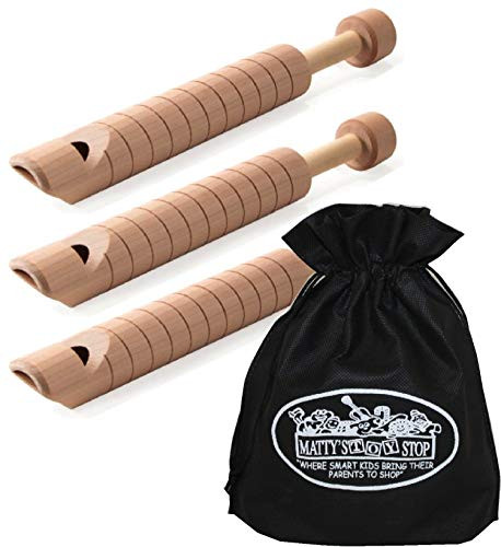 Schylling Classic Wooden Slide Whistle Musical Party Bundle with Bonus Matty's Toy Stop Storage Bag - 3 Pack