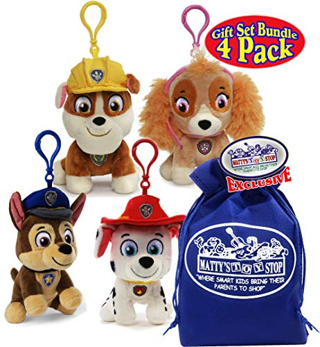Paw Patrol Plush Backpack Clips (4") Chase, Marshall, Skye & Rubble Gift Set Bundle with Bonus Matty's Toy Stop Storage Bag - 4 Pack