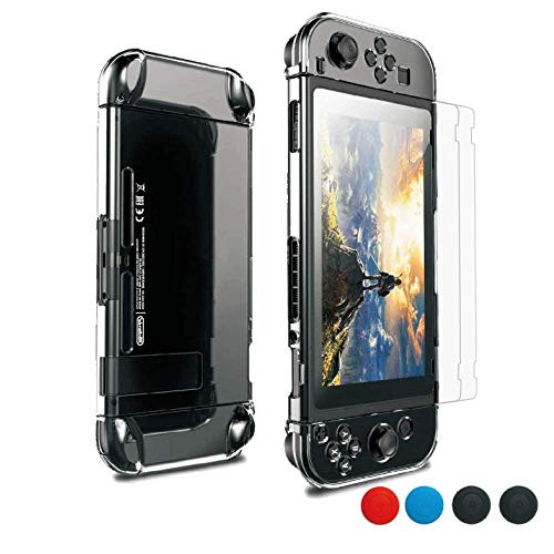 Case for Nintendo Switch, Screen Protector for Nintendo Switch, Protective Case with PET Film Screen Protector & 4 Joystick Caps, Crystal Clear Dockable Protective Case