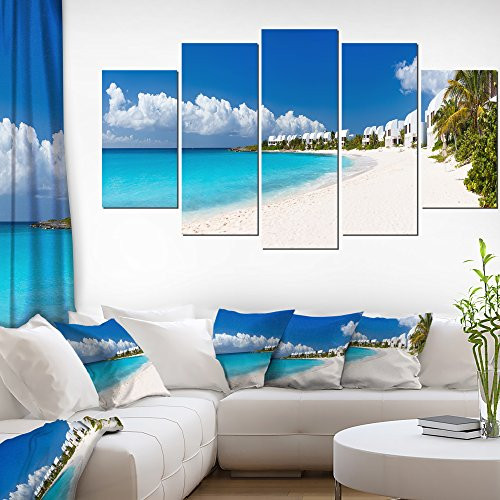 Designart Caribbean Beach Panorama-Landscape Photo Canvas Art Print-60x32-5 Piece, 60x32-5 Panels Diamond Shape, Blue