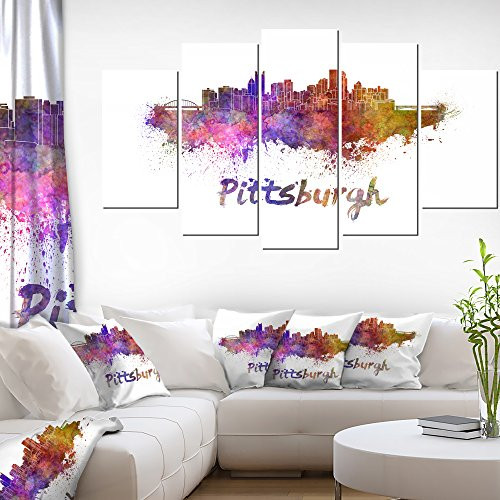 Designart Pittsburgh Skyline-Cityscape Canvas Artwork Print-60x32-5 Piece, 60x32-5 Panels Diamond Shape, Purple