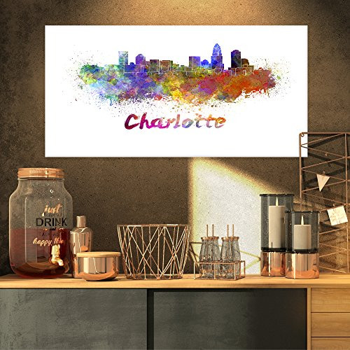 Designart Charlotte Skyline-Cityscape Canvas Artwork Print-32x16, 32x16 Purple